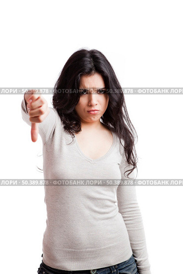 Girl with thumbs down, isolated against a white background. Стоковое фото, агентство Ingram Publishing / Фотобанк Лори