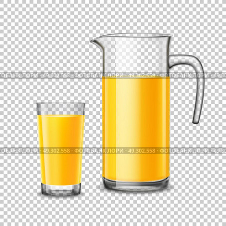 Glass And Pitcher With Orange Juice On Transparent Background. Glass and pitcher with orange juice design concept in realistic style on transparent  background vector illustration. Стоковая иллюстрация, агентство Ingram Publishing / Фотобанк Лори