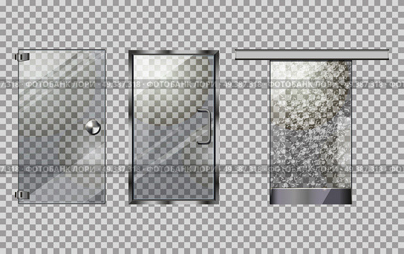 Glass door collection on transparent background. Simple glass door with long handle, with stripes and rounded handle, with flowers and extraordinary door handle. Vector picture of objects for building. Glass Door Collection on Transparent Background. Стоковая иллюстрация, агентство Ingram Publishing / Фотобанк Лори