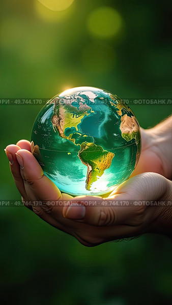 Glass glowing sphere of planet Earth In palms of hands is a ball with internal microclimate, caring for planet, clean environment, protecting ecology, geography, continents, travel. AI generated. Стоковое AI-изображение, AI-художник Ольга Симонова / Фотобанк Лори