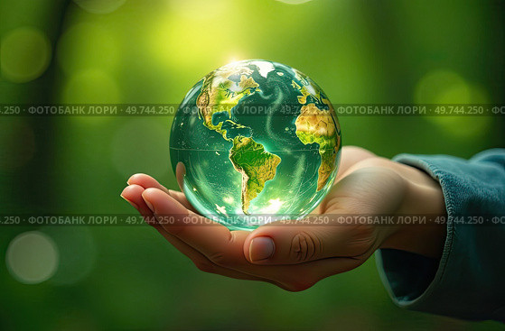 Glass glowing sphere of planet Earth In palms of hands is a ball with internal microclimate, caring for planet, clean environment, protecting ecology, geography, continents, travel. AI generated. Стоковое AI-изображение, AI-художник Ольга Симонова / Фотобанк Лори