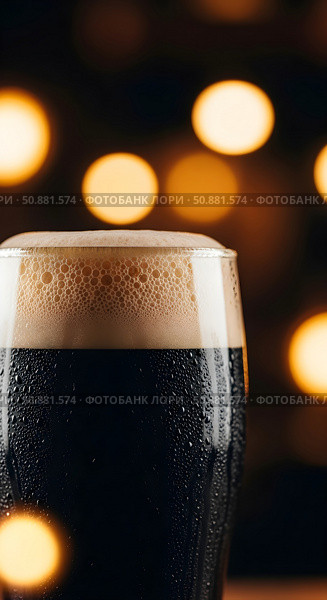 Glass goblet with fresh dark beer, guinness or stout close-up. Стоковое AI-изображение, AI-художник Екатерина Селезнева / Фотобанк Лори