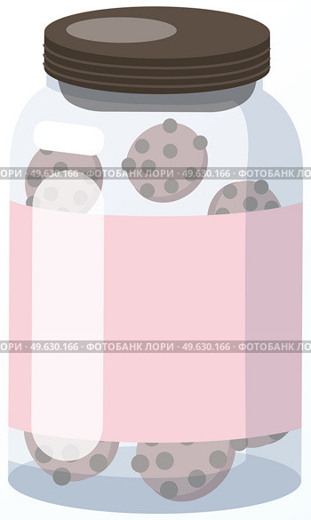 Glass jar with airtight seal wood lid and pink label. Kitchen eco friendly container isolated on white background. Jar of chocolate chip cookies inside. Container for storing biscuits in kitchen. Jar of chocolate chip cookies inside. Container for storing biscuits in kitchen vector illustration. Стоковая иллюстрация, агентство Ingram Publishing / Фотобанк Лори