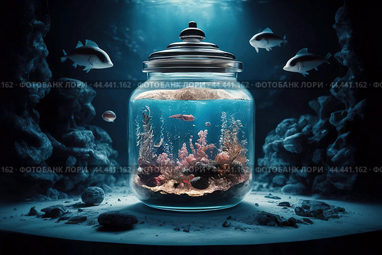Glass jar with tropical fish, corals and algae on the bottom of the sea or ocean. Fish are looking at the jar. Стоковое AI-изображение, AI-художник Евгений Ткачёв / Фотобанк Лори