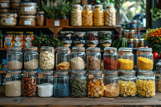 Glass jars with various cereals, pasta and spices, organized on shelves for food storage. You can see products such as rice, buckwheat, lentils, pasta of various shapes, as well as cereals and seeds, such as quinoa or black sesame. This is a typical example of organized food storage, perhaps as part of a healthy eating or zero waste concept. Jars with lids prevent food spoilage and help maintain freshness. Стоковое AI-изображение, AI-художник Анна Кривицкая / Фотобанк Лори