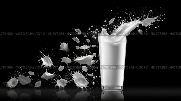 Glass of Fresh Cow's Milk with Splashes, Dynamic Dairy Promotion Shot on Black Background. Стакан свежего коровьего молока с брызгами, динамический молочный рекламный снимок на черном фоне. Стоковое AI-изображение, AI-художник Katsiaryna Repich / Фотобанк Лори