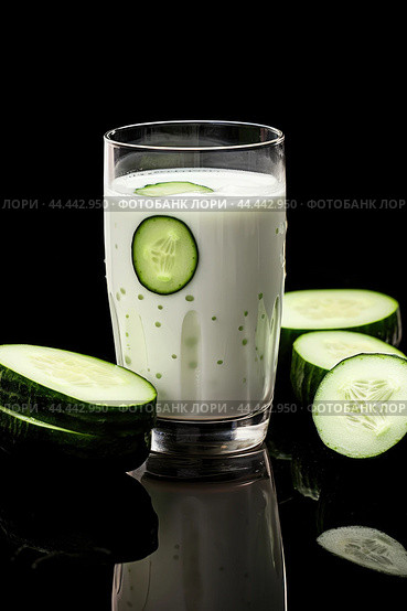 Glass of milk with fresh cucumber. Стоковое AI-изображение, AI-художник Veniamin Kraskov / Фотобанк Лори