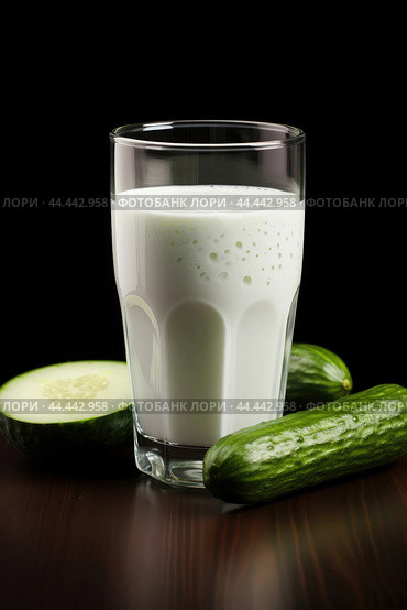 Glass of milk with fresh cucumber. Стоковое AI-изображение, AI-художник Veniamin Kraskov / Фотобанк Лори