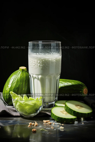 Glass of milk with fresh cucumber. Стоковое AI-изображение, AI-художник Veniamin Kraskov / Фотобанк Лори