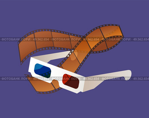 Glasses in 3d format, filmstrip, movie colorful objects, equipments for watching premiere, media symbols on blue, cinematography festival, video vector. Movie Equipments, Filmstrip and Glasses Vector. Стоковая иллюстрация, агентство Ingram Publishing / Фотобанк Лори