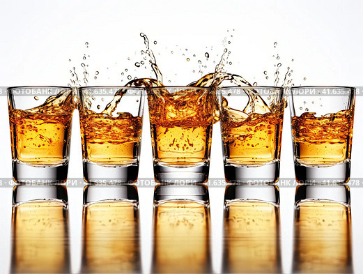 Glasses with yellow liquid on a white background with splashes. Generated by AI. Стоковое AI-изображение, AI-художник Ярославский Максим / Фотобанк Лори