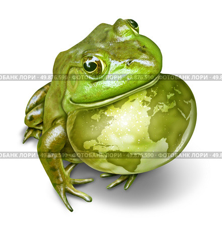 Global conservation and environmental protection symbol as a green frog and an inflated throat with the world map as a birth mark on the amphibian skin as a concept of protecting habitats. Стоковое фото, агентство Ingram Publishing / Фотобанк Лори