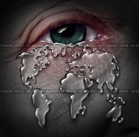 Global crisis and globe stress with a human tear drop flowing from a sad depressed eye shaped as a world map as a concept for environmental damage to the planet or an economic international problem concept. Стоковое фото, агентство Ingram Publishing / Фотобанк Лори