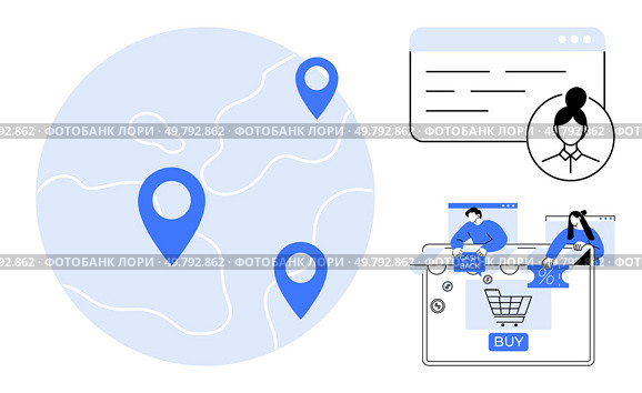 Global map with location pins, webpage interface, shopping cart with buy button, people reviewing products. Ideal for e-commerce, online shopping, global market, digital marketing, customer service. Global Online Shopping Concept with Location Pins, Webpage Interface, and Cart Checkout. Стоковая иллюстрация, агентство Ingram Publishing / Фотобанк Лори