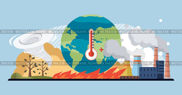 Global warming vector illustration. Global warming, unfolding drama, showcases battle between humanity and ecological equilibrium Climate crisis, turbulent chapter in story environment, unfolds. Global warming. Environmental conservation is shield, protecting fragile ecosystem from arrows co2 emissions. Стоковая иллюстрация, агентство Ingram Publishing / Фотобанк Лори