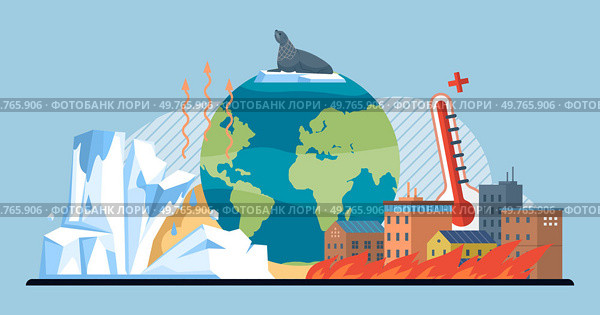 Global warming visualization showing a melting iceberg, rising temperatures, and a seal on top of the Earth. The illustration conveys the impact of climate change on wildlife and the planet.. Global warming depiction with a melting iceberg, rising temperatures, and a seal on the Earth. Стоковая иллюстрация, агентство Ingram Publishing / Фотобанк Лори