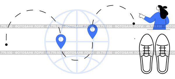 Globe with travel route, map pinpoints, person with suitcase, and shoes. Ideal for travel planning, navigation, adventure, tourism, worldwide destinations. Clear line art style with blue and black. Global Travel Concept with Route Map, Pinpoints, and Traveler. Стоковая иллюстрация, агентство Ingram Publishing / Фотобанк Лори