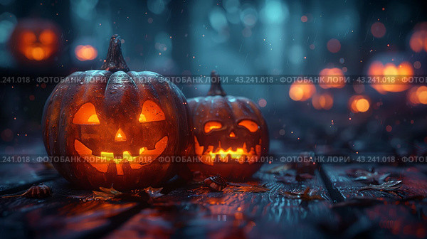 Glowing Jack-O-Lanterns in a Spooky Forest Setting at Night. Стоковое AI-изображение, AI-художник Сергей Толмачёв / Фотобанк Лори