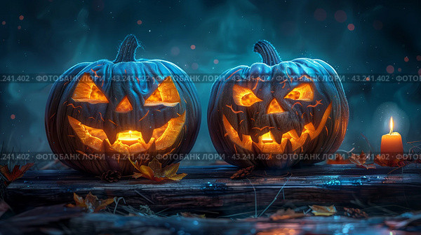 Glowing Jack-O-Lanterns in a Spooky Forest Setting at Night. Стоковое AI-изображение, AI-художник Сергей Толмачёв / Фотобанк Лори