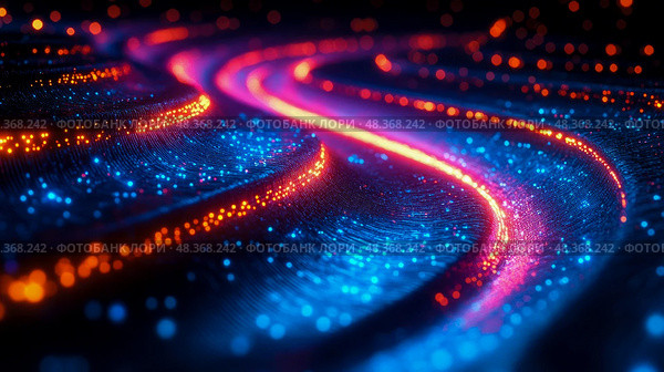 Glowing lines in blue and orange intertwine dynamically, creating an abstract and mesmerizing visual effect in darkness. Стоковое AI-изображение, AI-художник Данила Большаков / Фотобанк Лори