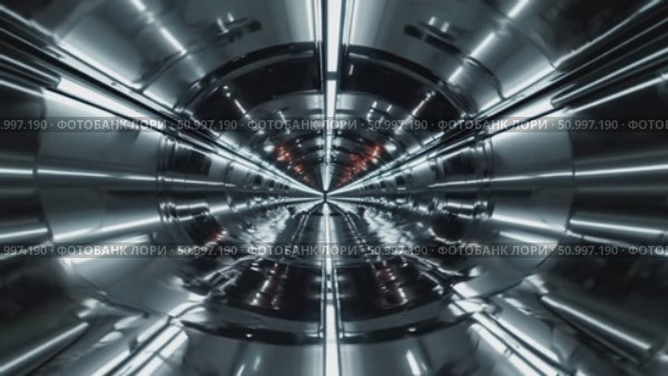Glowing white neon lights illuminate a futuristic chrome tunnel, creating a mesmerizing perspective as the corridor extends endlessly into the distance. Стоковое AI-видео, аниматор Данил Руденко / Фотобанк Лори