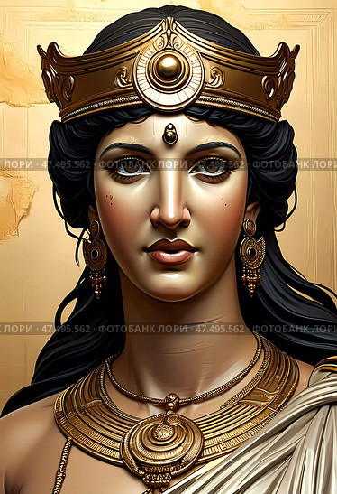 Goddess Aphrodite stands gracefully, her striking features highlighted by a golden crown. Adorned in exquisite jewelry, she exudes a timeless elegance, captivating all who behold her Generative AI. Стоковое AI-изображение, AI-художник Юлия Петровская / Фотобанк Лори
