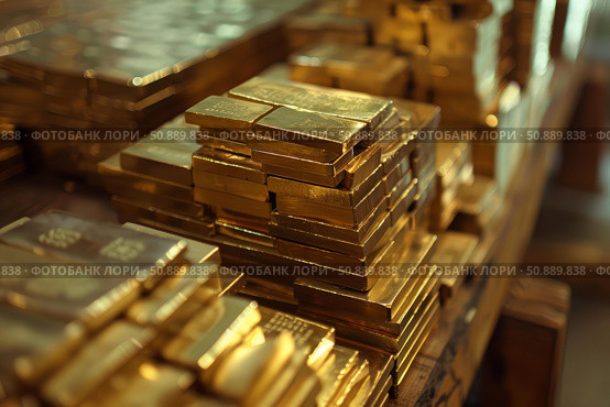 Gold bars stacked high representing wealth and investment. Стоковое AI-изображение, AI-художник Иван Рябоконь / Фотобанк Лори