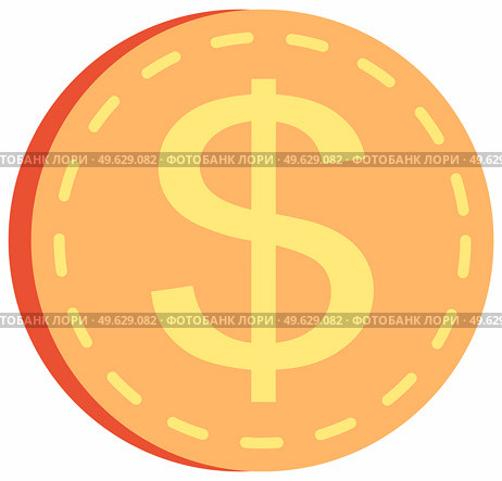 Gold coin with dollar sign isolated on white background. Means to pay for goods and purchases. Metallic money round shape, American currency flat vector illustration. Metal penny with dollar symbol. Gold coin with dollar sign isolated on white background. Means to pay for goods and purchases. Стоковая иллюстрация, агентство Ingram Publishing / Фотобанк Лори