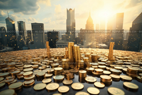 Gold coins showing increasing profits in front of city skyline at sunset. Стоковое AI-изображение, AI-художник Иван Рябоконь / Фотобанк Лори