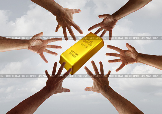 Gold demand and global commodity investment financial and business trade concept as diverse hands reaching for a golden bar with 3D illustration elements. Стоковое фото, агентство Ingram Publishing / Фотобанк Лори