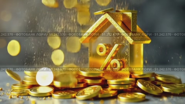 Gold luminous symbol percent in house on stack of gold coins on grey concrete background. Housing construction, discount, coupon, purchase, sale, realtor, mortgage, insurance, booking. AI generated. Стоковое AI-видео, аниматор Ольга Симонова / Фотобанк Лори