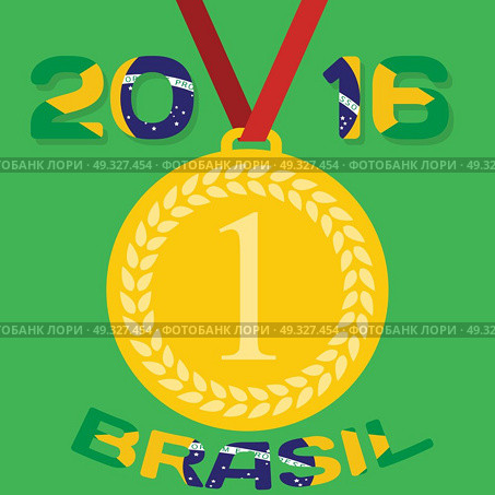 Gold medal with inscription in Portuguese and interpret flag of Brazil. Vector Illustration. EPS10. Gold medal with inscription in Portuguese and interpret flag of . Стоковая иллюстрация, агентство Ingram Publishing / Фотобанк Лори