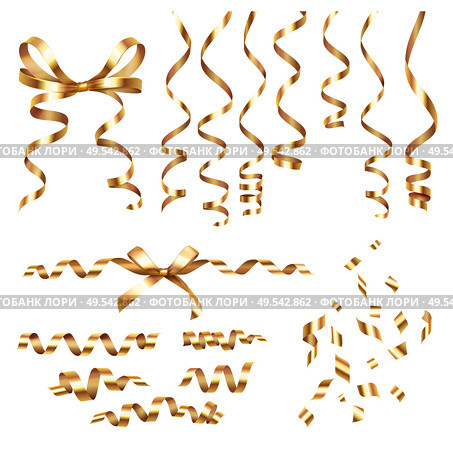 Golden curled ribbons serpentine realistic set with isolated images of festive decorations on blank background vector illustration. Стоковая иллюстрация, агентство Ingram Publishing / Фотобанк Лори