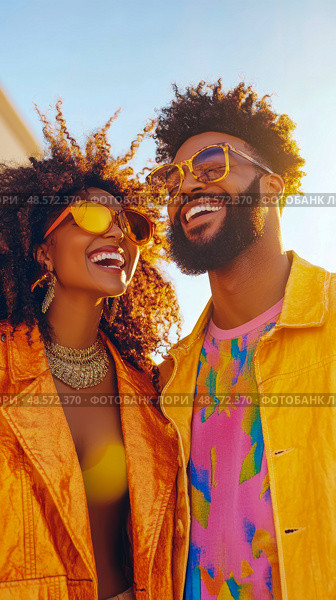 Golden Daydreams: Couple Joyful Summer Outing in Vivid Attire, Radiating Happiness and Connection Under the Bright Sky. Стоковое AI-изображение, AI-художник Данила Большаков / Фотобанк Лори