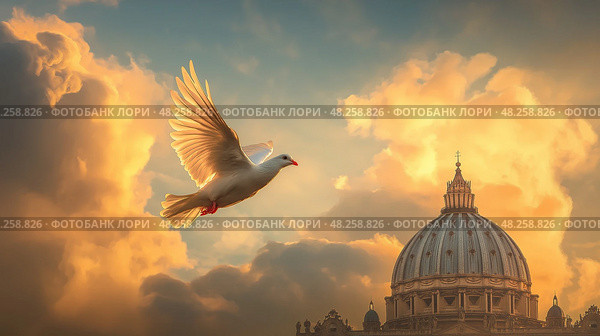 Golden Dove in Flight Over Vatican Dome, Symbol of Hope & Divine Guidance. Золотой голубь в полете над куполом Ватикана, символ надежды и божественного руководства. Стоковое AI-изображение, AI-художник Katsiaryna Repich / Фотобанк Лори