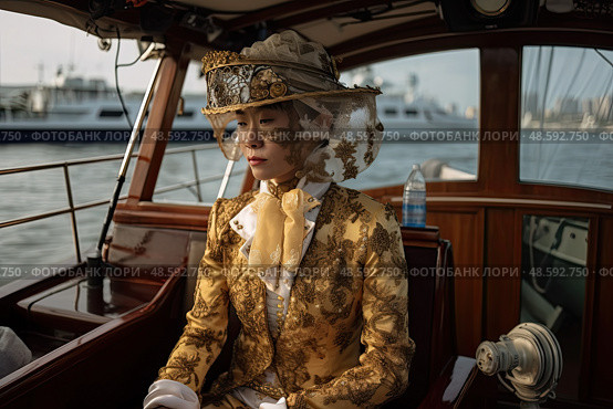Golden Goddess Adrift: Captivating China Woman Exudes a Spellbinding Aura of Glamour as She Sits Confidently on a Boat in the Twilight. Стоковое AI-изображение, AI-художник Данила Большаков / Фотобанк Лори
