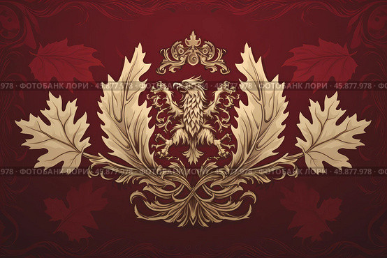 Golden gryphon embracing autumn leaves on red background. Стоковое AI-изображение, AI-художник Иван Рябоконь / Фотобанк Лори