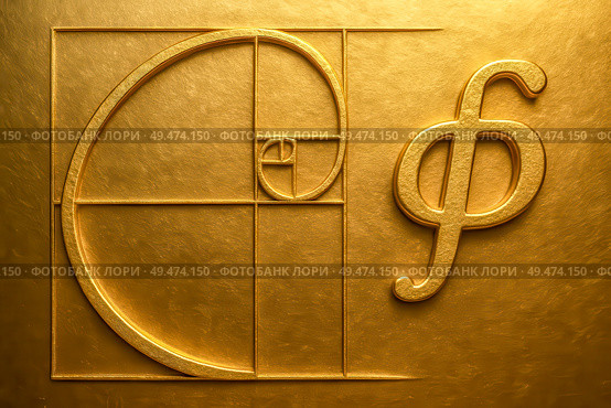 Golden ratio spiral and phi symbol in luxury gold color, classic mathematical proportion for elegant design, creativity, balance, harmony, innovation, premium science background. Стоковое AI-изображение, AI-художник Павел Муравьев / Фотобанк Лори
