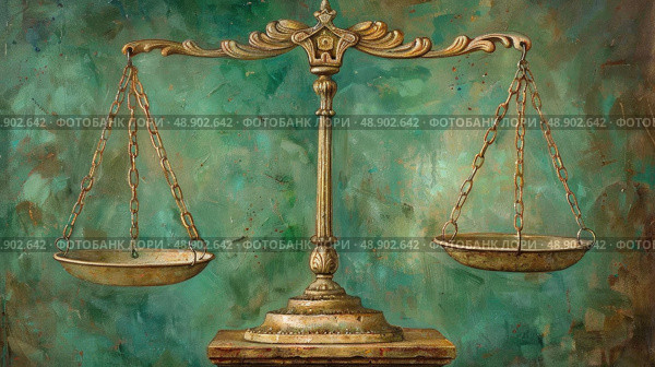 Golden scales of justice with decorative stand in an abstract green-brown setting, allegory of law and impartiality. Стоковое AI-изображение, AI-художник Данила Большаков / Фотобанк Лори