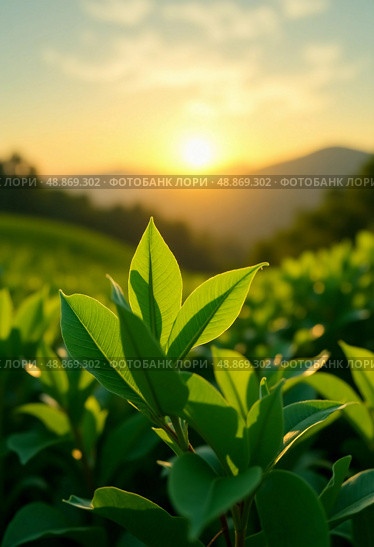 Golden sunlight bathes vibrant green tea leaves as the day begins. Majestic hills rise in the background, creating a picturesque view of tea cultivation in Asia top regions Generative AI. Стоковое AI-изображение, AI-художник Юлия Петровская / Фотобанк Лори