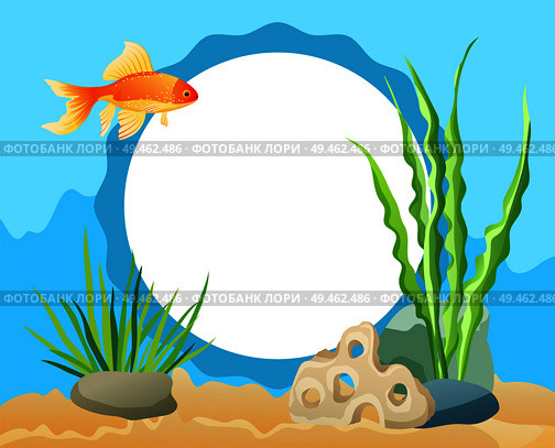 Goldfish swimming among seaweed, stones and sand. Aquarium underwater elements, with big white circle on background cartoon style vector illustration. Goldfish Swimming among Seaweed, Stones and Sand. Стоковая иллюстрация, агентство Ingram Publishing / Фотобанк Лори