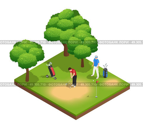 Golf Isometric Top View Composition. Golf isometric top view composition with two sportsmen playing on golf course bags hole and trees vector illustration. Стоковая иллюстрация, агентство Ingram Publishing / Фотобанк Лори