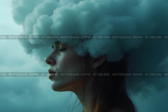 Голова в тумане, концепция депрессии. Стоковое AI-изображение, AI-художник Анна Рогалева / Фотобанк Лори