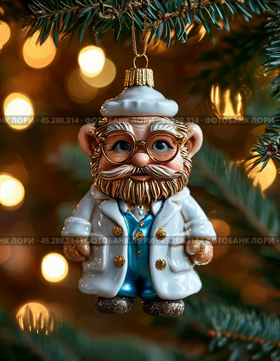 Good Doctor Aibolit, bright Christmas tree toy. New Year's decor. Festive New Year's atmosphere. Стоковое AI-изображение, AI-художник Сергей Елизарьев / Фотобанк Лори