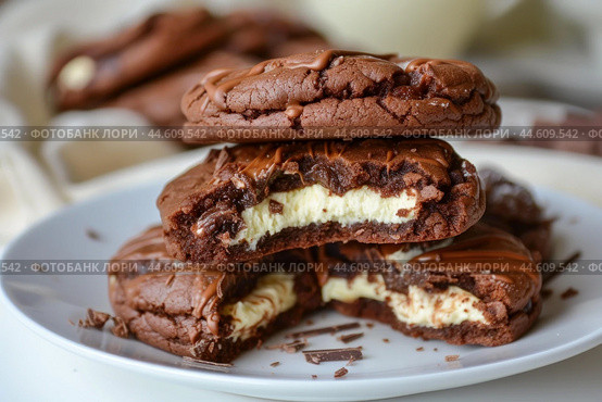 Gooey chocolate stuffed cookies on plate. Стоковое AI-изображение, AI-художник Иван Рябоконь / Фотобанк Лори