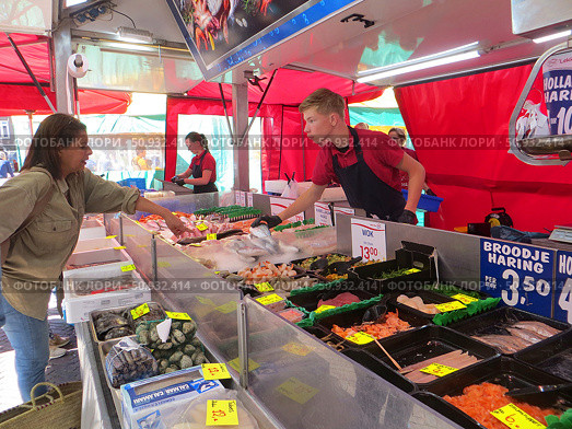 Городская ярмарка в центре города. Палатка с рыбой и морепродуктами. Продавец помогает покупательнице выбрать рыбу. Вагенинген. Нидерланды. Редакционное фото, фотограф Мария Фетисова / Фотобанк Лори