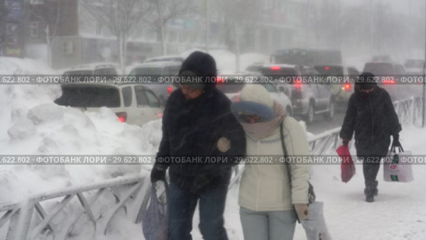Горожане идут по тротуару во время пурги (2018 год). Редакционное видео, видеограф А. А. Пирагис / Фотобанк Лори