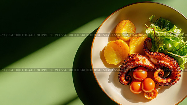 Gourmet grilled octopus tentacles served with potatoes, lettuce, and tomato salad create a Mediterranean seafood lunch full of fresh flavor. Стоковое AI-изображение, AI-художник Александра Троицкая / Фотобанк Лори