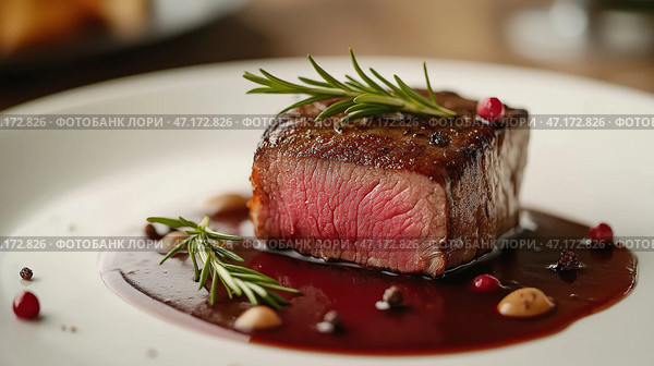 Gourmet plated dish featuring expertly cooked steak with sauce and garnishes in a high-end restaurant setting. Стоковое AI-изображение, AI-художник Katsiaryna Repich / Фотобанк Лори
