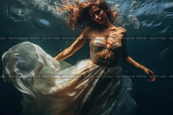 Graceful woman in a billowing dress submerged in water, with sun beams filtering through. Стоковое AI-изображение, AI-художник Иван Рябоконь / Фотобанк Лори